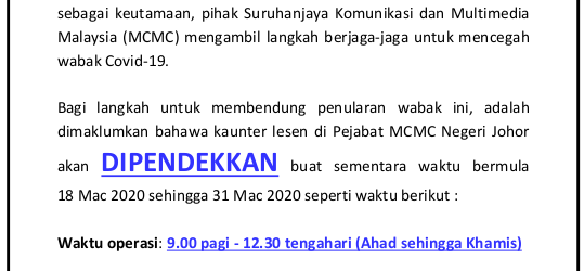 Notis Makluman Waktu Operasi Kaunter Pembayaran Penguntukan Radas Di Pejabat MCMC Negeri Johor Untuk Sepanjang Tempoh Perintah Kawalan Pergerakan (MOVEMENT Control Order)