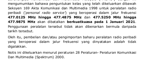 Penggunaan Peralatan Radio Peribadi (477.0125 MHz hingga 477.4875 MHz dan 477.5250 MHz hingga 477.9875 MHz)