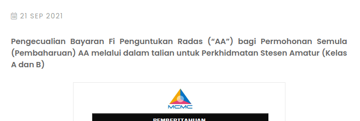 Pengecualian Bayaran Fi Penguntukan Radas (“AA”) bagi Permohonan Semula (Pembaharuan) AA melalui dalam talian untuk Perkhidmatan Stesen Amatur (Kelas A dan B)