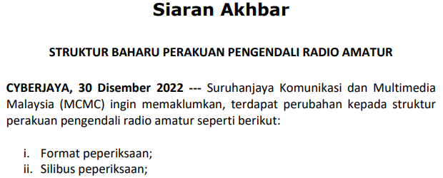 Siaran Akhbar – STRUKTUR BAHARU PERAKUAN PENGENDALI RADIO AMATUR