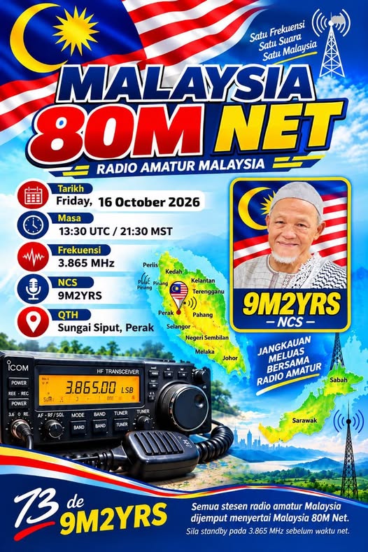 Poster Malaysia 80M Net, frekuensi 3.865 MHz, NCS 9M2YRS