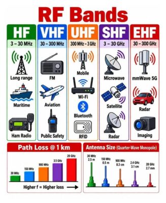Infografik jalur frekuensi RF: HF, VHF, UHF, SHF dan EHF dengan kehilangan laluan dan saiz antena